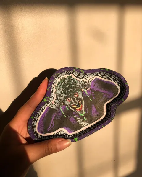 Mão segurando uma bandejinha roxa de formato livre pintada com o retrato do Coringa rindo e uma borda de HAHAHA, iluminada pelo sol da tarde.
